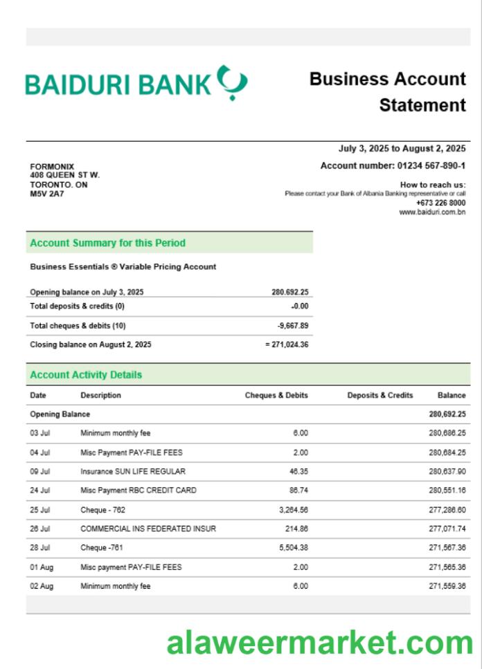 Baiduri Bank business account statement Word and PDF template
